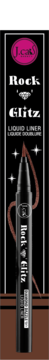 Opakowanie J.Cat Beauty Rock Glitz Liquid Liner Dazzling Brown, czarne, z różowym logo i brązową kreską.
