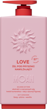 Różowy nawilżający żel pod prysznic MOAN LOVE w butelce z pompką, z wytłoczonym logo słońca.