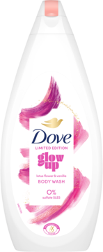 Biała butelka Dove Glow Up Limited Edition body wash, lotus & vanilla, z różowymi pociągnięciami pędzla, widok z przodu.