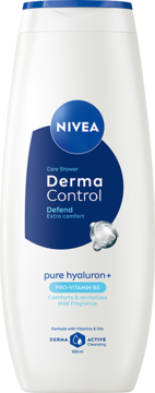 Biała, zakrzywiona butelka NIVEA Derma Control Defend żelu pod prysznic z hialuronem i B5, widok z przodu.