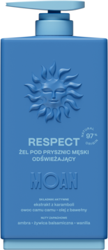RESPECT MOAN Żel pod prysznic męski odświeżający w niebieskiej butelce z pompką i tłoczonym słońcem, widok z przodu.