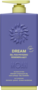 Fioletowy żel pod prysznic MOAN DREAM regenerujący, butelka z żółtą pompką i wytłoczonym słońcem.