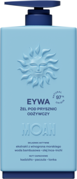 EYWA Żel pod prysznic MOAN, odżywczy, jasnoniebieska butelka z tłoczonym słońcem i pompką, widok z przodu.