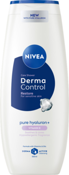Biała butelka żelu NIVEA Derma Control Restore z niebieską etykietą, dla skóry wrażliwej, z kwasem hialuronowym. Widok z przodu.