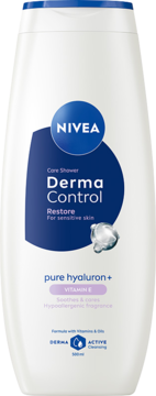 NIVEA Derma Control Restore żel pod prysznic do skóry wrażliwej z hialuronem i witaminą E, biała butelka, widok z przodu.