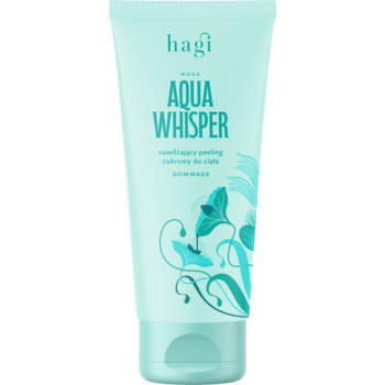 Hagi Aqua Whisper peeling cukrowy, jasnoturkusowa tubka z kwiatowym wzorem, widok z przodu.