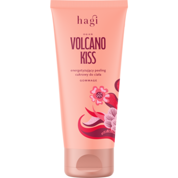 Hagi Volcano Kiss, energetyzujący peeling cukrowy do ciała, w brzoskwiniowej tubce z kwiatowym wzorem.
