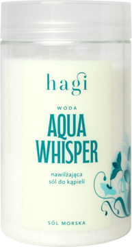 Hagi Aqua Whisper nawilżająca sól do kąpieli w przezroczystym słoiku z jasną etykietą, widok z przodu.