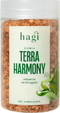 Sól do kąpieli Hagi Terra Harmony w przezroczystym słoiku, z różową solą himalajską i ekstraktem z czarnej porzeczki.
