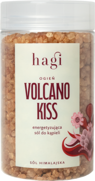 Hagi Ogień Volcano Kiss energetyzująca sól himalajska do kąpieli w przezroczystym słoiku, z czerwoną grafiką.