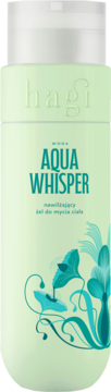 Hagi Aqua Whisper nawilżający żel do ciała w jasnozielonej butelce z turkusowymi napisami i ozdobnym wzorem.