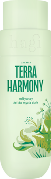 Hagi Terra Harmony odżywczy żel do mycia ciała w jasnej butelce, zielony napis, wzór roślinny, widok z przodu.