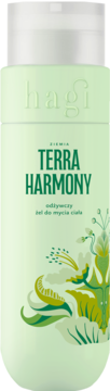 Hagi Terra Harmony odżywczy żel do mycia ciała w zielonej butelce z roślinnym wzorem, widok z przodu.