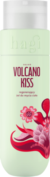 Hagi Volcano Kiss regenerujący żel do mycia ciała. Jasnozielona butelka z kwiatową grafiką, widok z przodu.