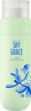 Hagi Sky Grace kojący żel do ciała, zielona butelka z białym korkiem, niebieskimi napisami i kwiatami, widok z przodu.