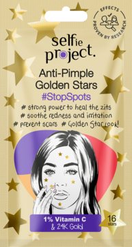 Złote opakowanie Selfie Project Anti-Pimple Golden Stars, 16 hydrokoloidowych plasterków-gwiazdek z witaminą C.