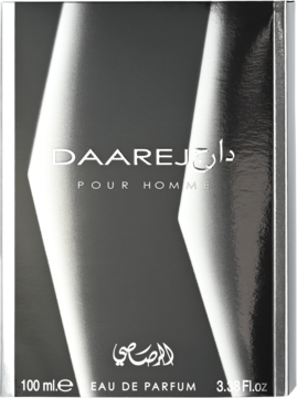 Błyszczące, srebrno-czarne pudełko Rasasi Daarej Pour Homme 100ml, męskiej wody perfumowanej, ukośne pasy.