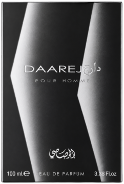 Czarne, prostokątne opakowanie perfum Rasasi Daarej Pour Homme 100 ml, widok z przodu, pionowe srebrne pasy.