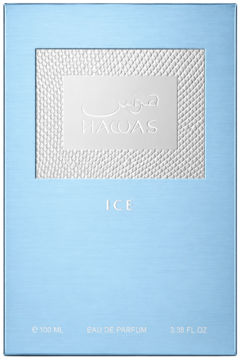 Przedni widok jasnoniebieskiego opakowania Rasasi Hawas Ice Eau de Parfum z wytłoczoną etykietą i białym napisem.