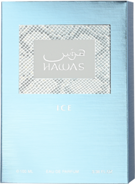 Błękitne pudełko perfum Rasasi Hawas Ice EDP, z centralnym srebrnym, teksturowanym kwadratem z napisem Hawas Ice.