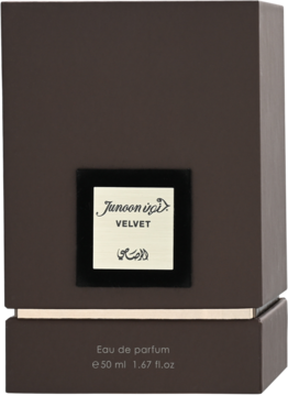 Flakon perfum Rasasi Junoon Velvet 50ml w matowym, ciemnobrązowym pudełku z kremową etykietą, widok z przodu.