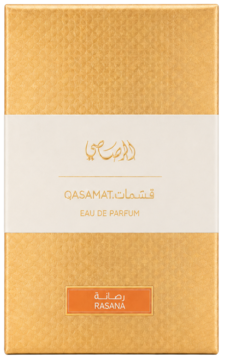 Złote, teksturowane pudełko perfum Rasasi Qasamat Rasana EDP, z białym paskiem i arabskim napisem, widok z przodu.