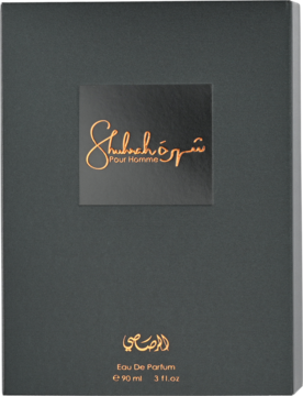 Rasasi Shuhrah Pour Homme, eleganckie czarne pudełko męskiej wody perfumowanej 90ml, złote logo, widok z przodu.