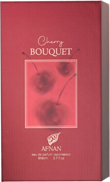 Afnan Cherry Bouquet woda perfumowana 80ml, czerwone pudełko z wiśniami i logo, widok z przodu.