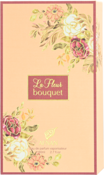 Afnan La Fleur Bouquet woda perfumowana, brzoskwiniowe pudełko z kwiatowym wzorem i złotym logo, widok z przodu.