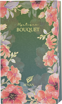 Afnan Mystique Bouquet woda perfumowana w zielonym pudełku z ramką z czerwonych kwiatów i złotymi detalami.