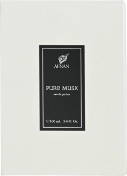 Białe pudełko Afnan Pure Musk unisex eau de parfum 100ml, z czarną etykietą, widok z przodu.