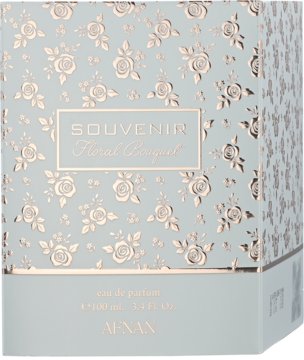 Jasnoszare pudełko damskiej Afnan Souvenir Floral Bouquet EDP, z różowo-złotym wzorem róż, widok z przodu.