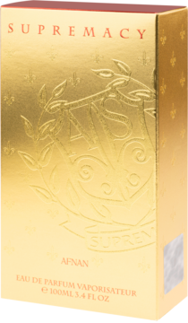 Złote, błyszczące pudełko perfum Afnan Supremacy Gold EDP 100ml z wytłoczeniami, widok z przodu pod kątem.