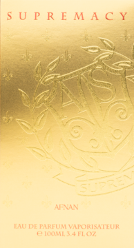 Afnan Supremacy Gold EDP 100ml, złote pudełko z wytłaczanym logo i czerwonymi napisami. Widok z przodu.