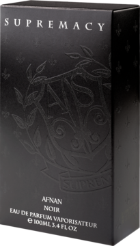 Czarny, matowy kartonik Afnan Supremacy Noir Eau De Parfum z wytłoczonym wzorem i logo, widok z przodu pod kątem.