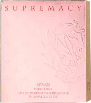 Afnan Supremacy Pink EDP, różowe pudełko z wytłaczanymi wzorami i nazwą, widok z przodu.