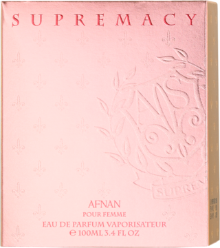 Afnan Supremacy Pink EDP, różowe pudełko z wytłaczanymi wzorami i nazwą, widok z przodu.