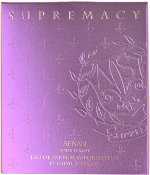 Afnan Supremacy Purple w fioletowym, matowym pudełku z wytłoczonymi złotymi detalami i nazwą, widok z przodu.