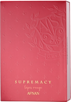 Malinowe opakowanie perfum Afnan Supremacy Tapis Rouge, z wytłoczonym logo, nazwą i wzorem fleur-de-lis.