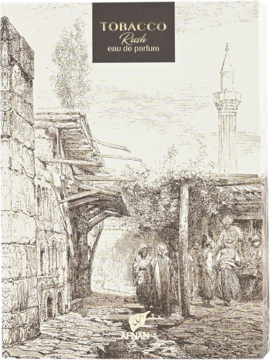 Afnan Tobacco Rush eau de parfum, opakowanie z orientalną ilustracją starego miasta, minaretu i ludzi.