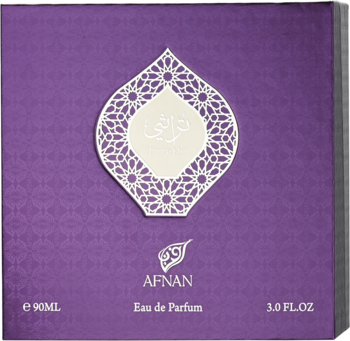 Fioletowe pudełko Afnan Turathi Purple Femme Eau de Parfum z białym wzorem i arabskim napisem, widok z przodu.