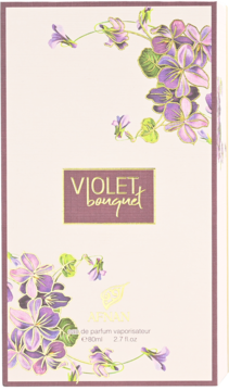 Afnan Violet Bouquet woda perfumowana w białym opakowaniu z fioletowymi kwiatami i złotymi detalami, widok z przodu.