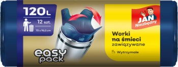 Jan Niezbędny Easy Pack 120L, niebieskie zawiązywane worki na śmieci (12 szt.) z falą do łatwego wiązania, widok z przodu.