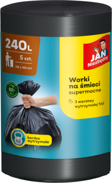 Jan Niezbędny supermocne worki na śmieci 240L, czarna rolka, etykieta z osobą dźwigającą worek.