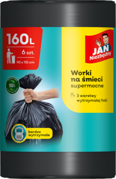 Jan Niezbędny Supermocne worki na śmieci 160L (6 szt.), czarne, opakowanie z widoczną dłonią trzymającą worek.