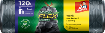 Worki na śmieci Jan Niezbędny Magnum Flex & Strong 120L z taśmami, 100% recyklingu, widok z przodu.