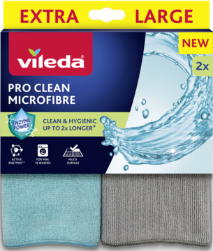 Opakowanie Vileda Pro Clean Microfibre Extra Large, dwie ściereczki: turkusowa i szara, widok z przodu.