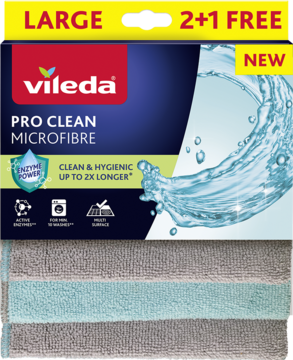 Vileda Pro Clean Microfibre ściereczki, duże, 2+1 gratis, widok z przodu, szare i błękitne paski.