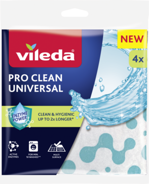 Vileda Pro Clean Universal, niebieskie opakowanie 4 uniwersalnych ściereczek z napisem NEW i falą wody.