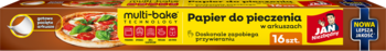 Żółte opakowanie papieru do pieczenia Jan Niezbędny Multi-bake, z grafiką pizzy i napisem 16 arkuszy.